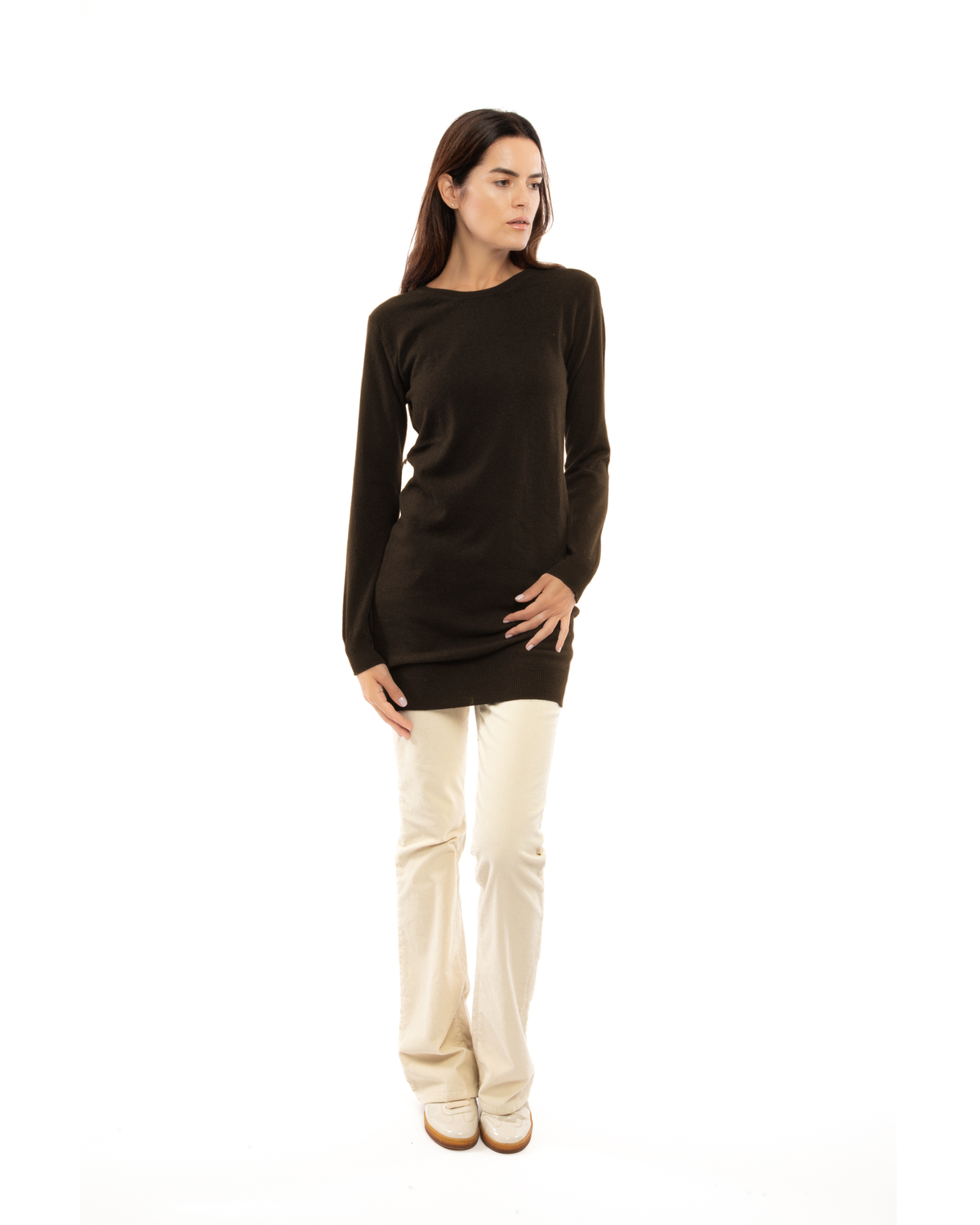 Coffee cashmere crew neck dress, full-length front view worn over light trousers