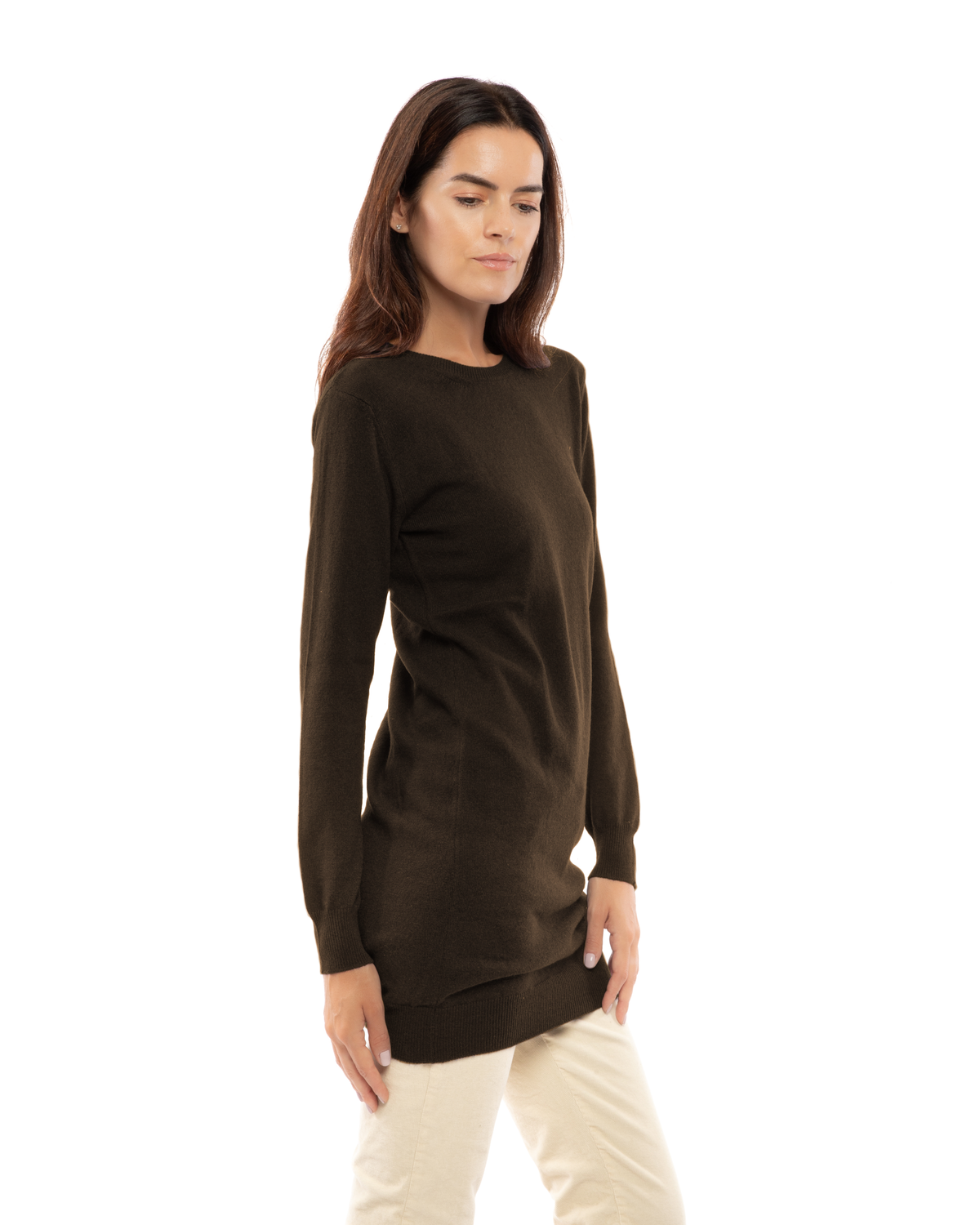 Coffee cashmere crew neck dress, three-quarter front view on a model