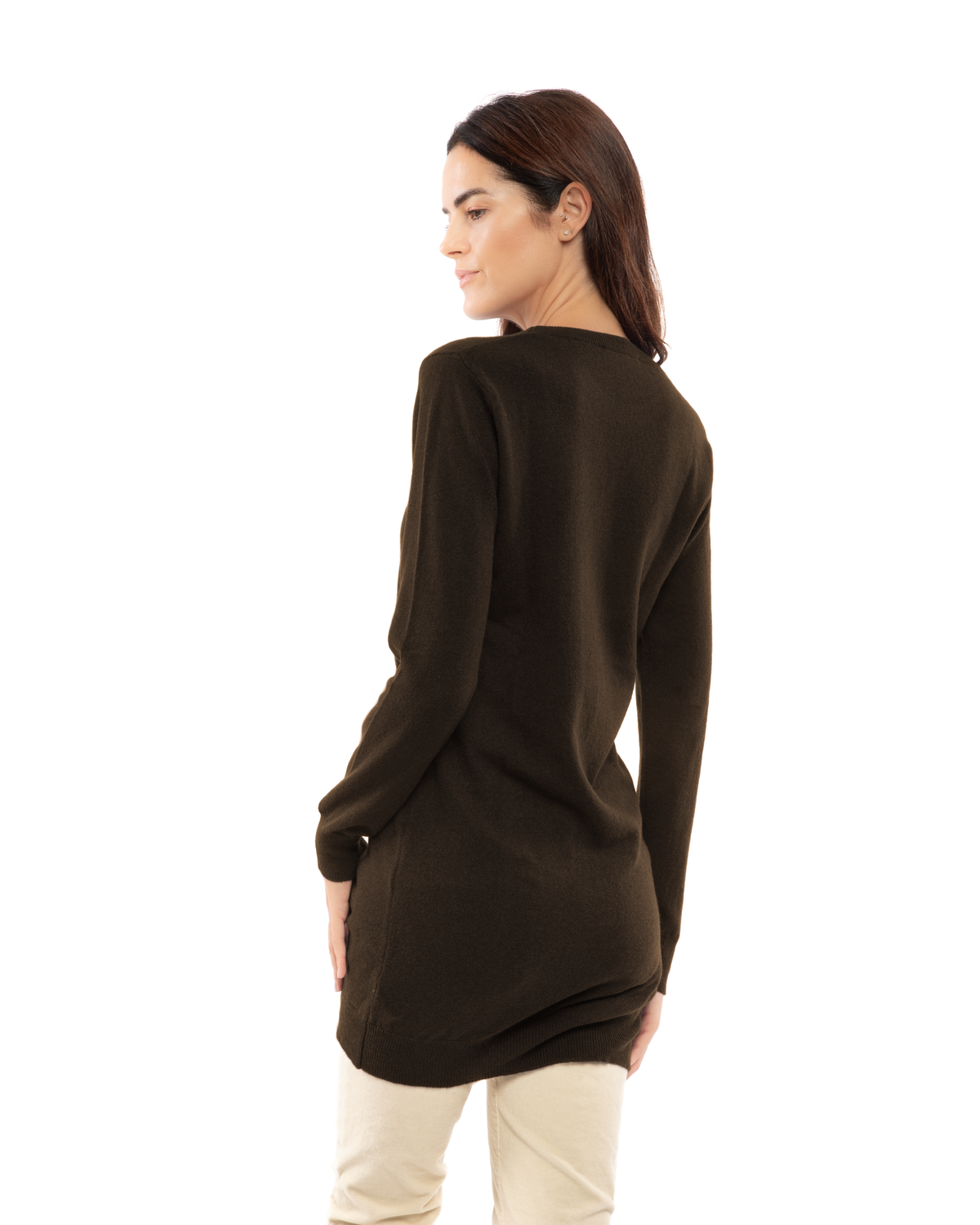 Coffee cashmere crew neck dress, rear three-quarter view on a model