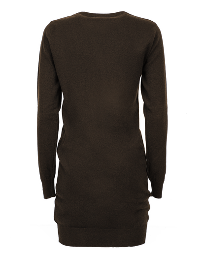 Coffee cashmere crew neck dress, back view of the long-sleeve dress displayed alone
