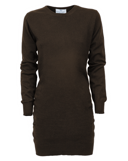 Coffee cashmere crew neck dress, front view of the long-sleeve dress displayed alone
