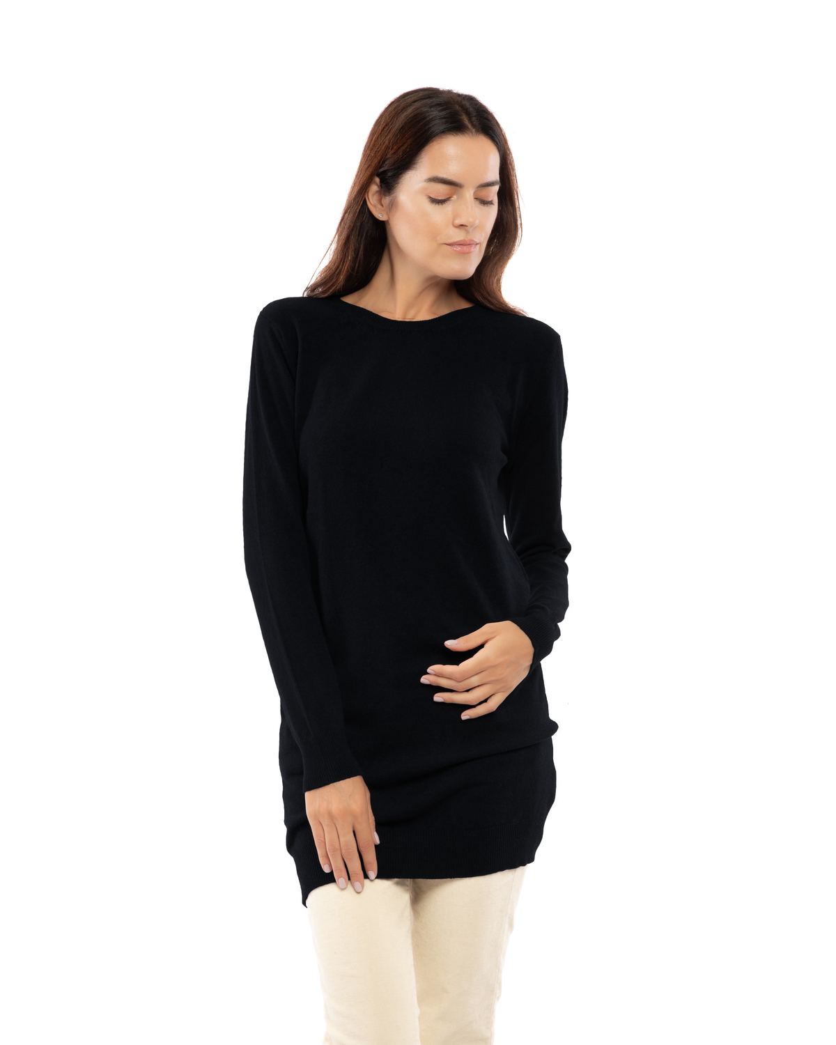 Black cashmere crew neck dress, front view on a model
