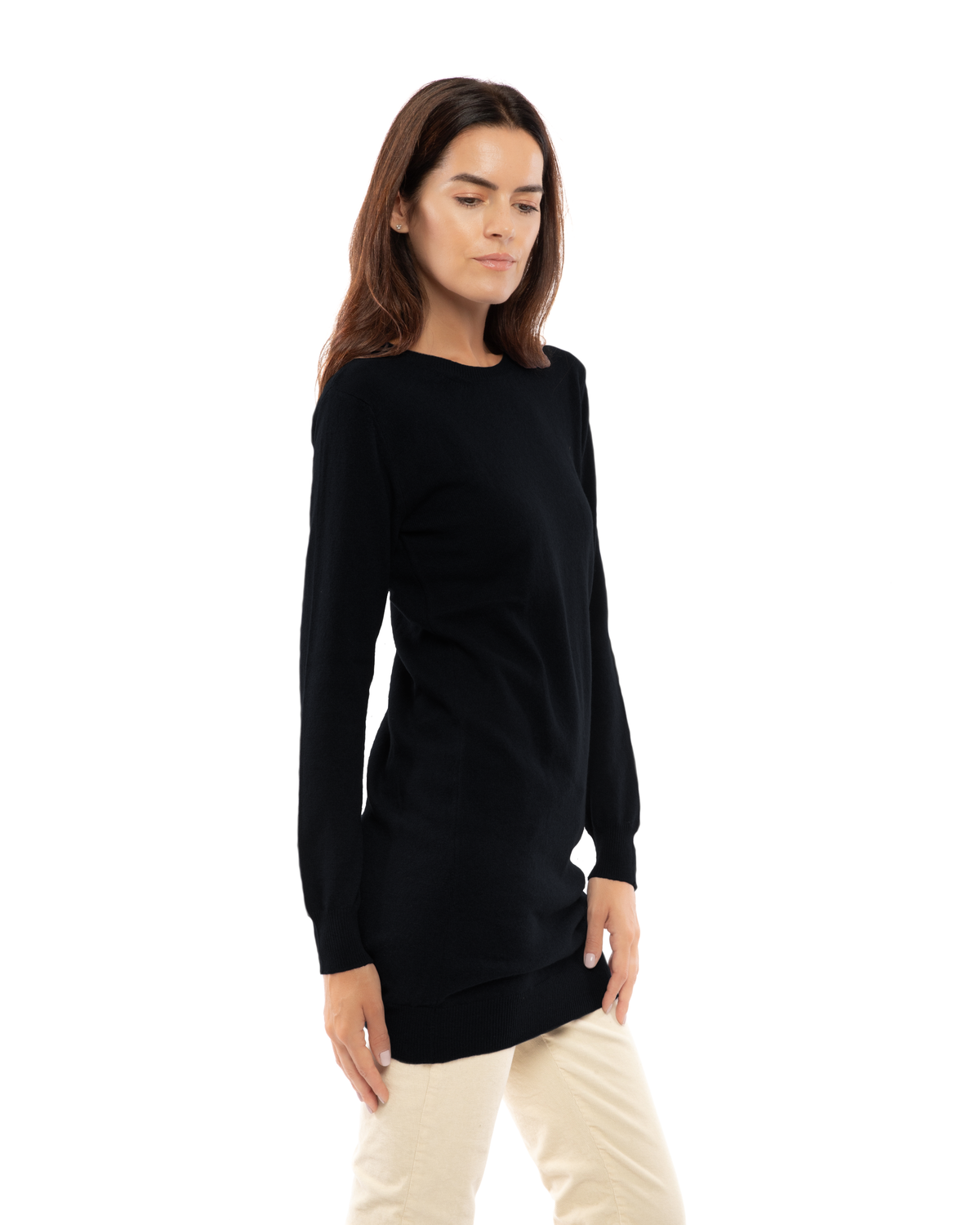 Black cashmere crew neck dress, three-quarter front view on a model