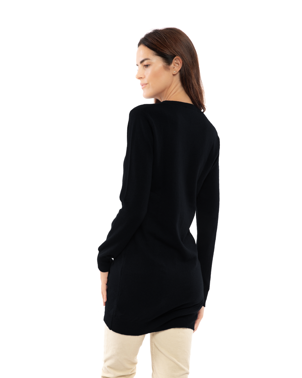 Black cashmere crew neck dress, rear three-quarter view on a model