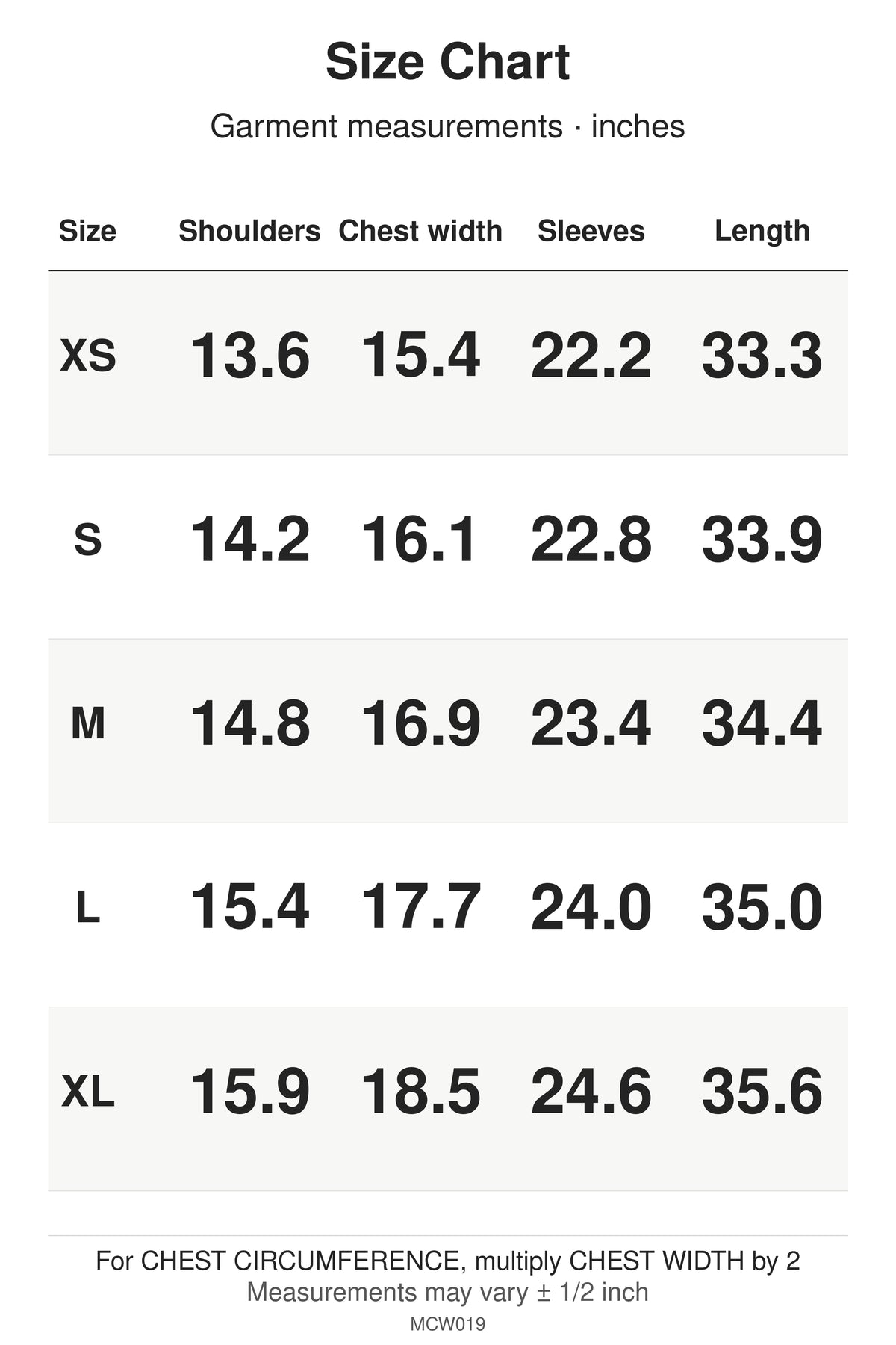 MCW019 size chart: garment measurements for XS, S, M, L, XL, in inches.