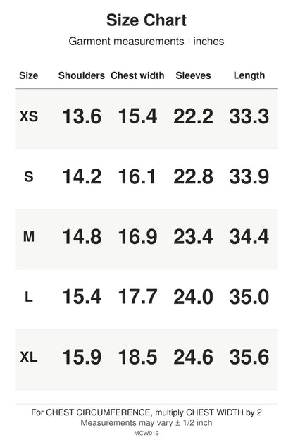 MCW019 size chart: garment measurements for XS, S, M, L, XL, in inches.