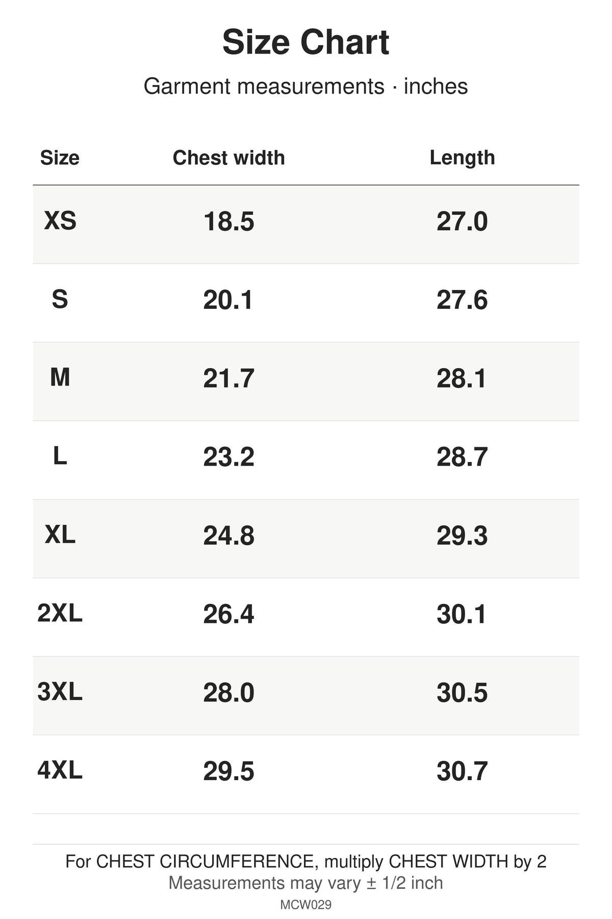 MCW029 size chart: garment measurements for XS, S, M, L, XL, 2XL, 3XL, 4XL, in inches.