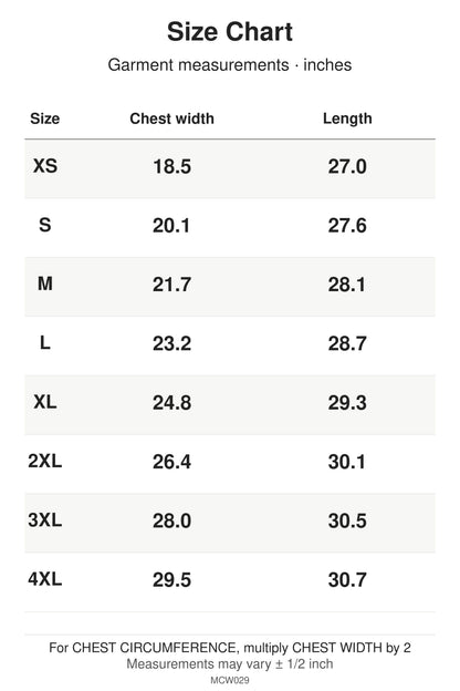 MCW029 size chart: garment measurements for XS, S, M, L, XL, 2XL, 3XL, 4XL, in inches.