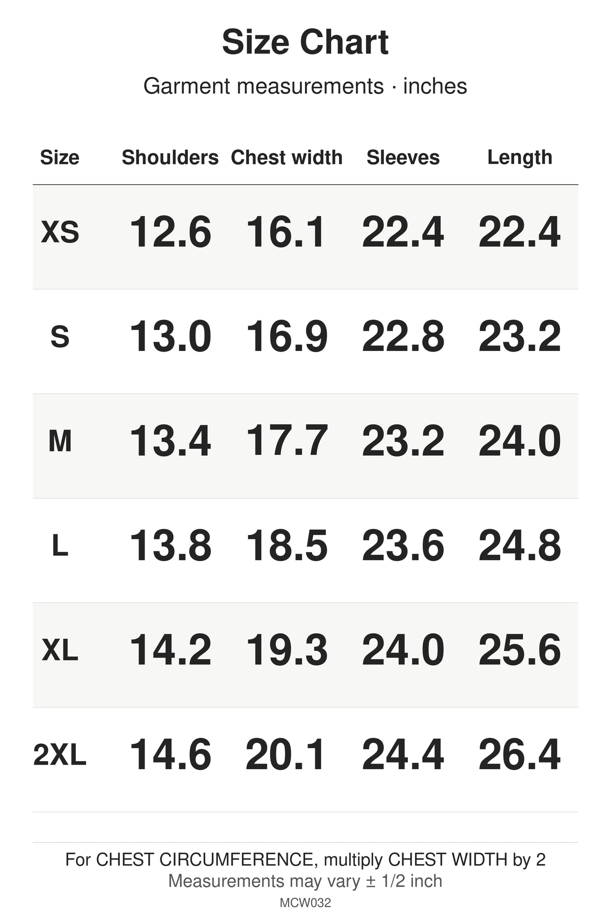 MCW032 size chart: garment measurements for XS, S, M, L, XL, 2XL, in inches.