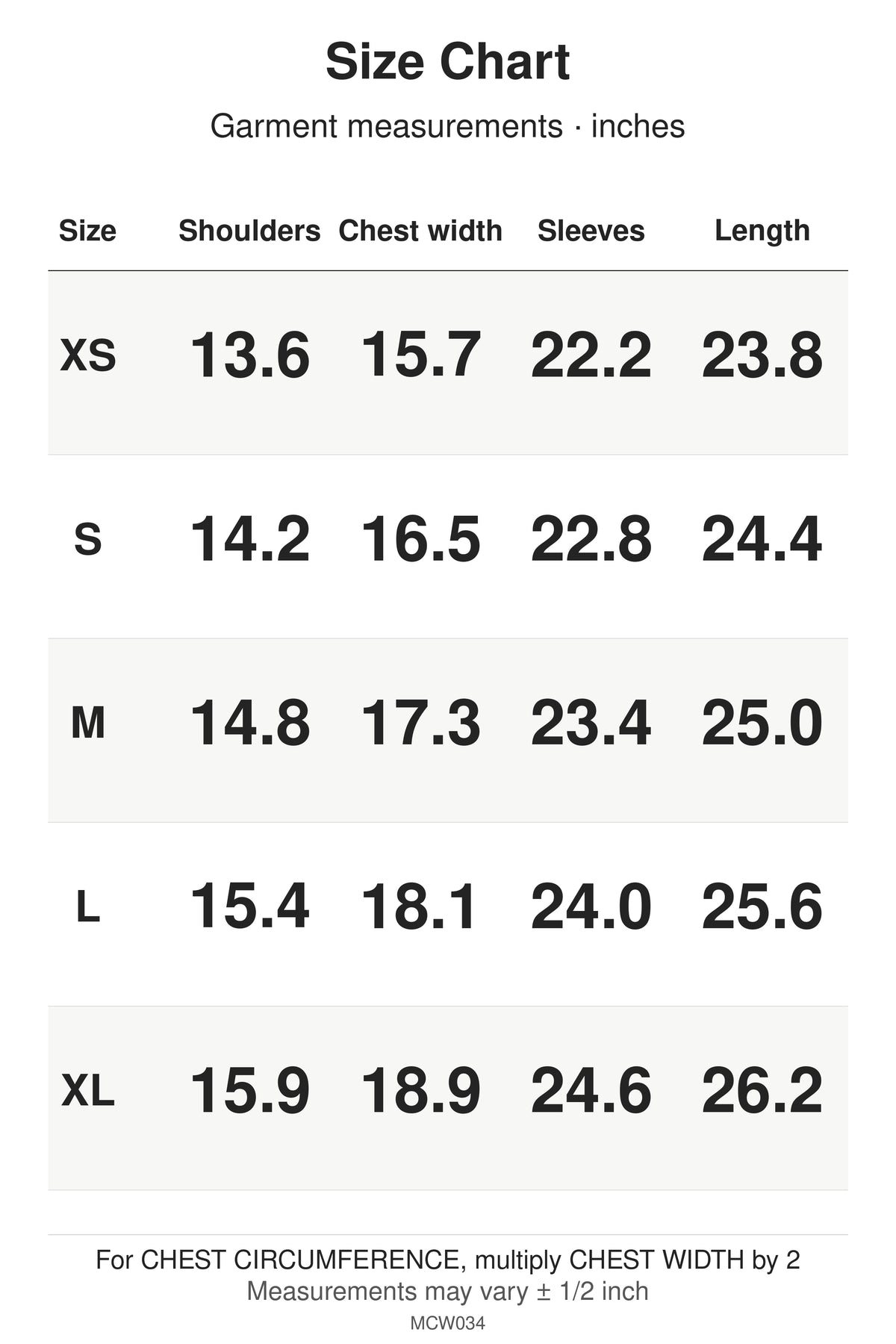 MCW034 size chart: garment measurements for XS, S, M, L, XL, in inches.