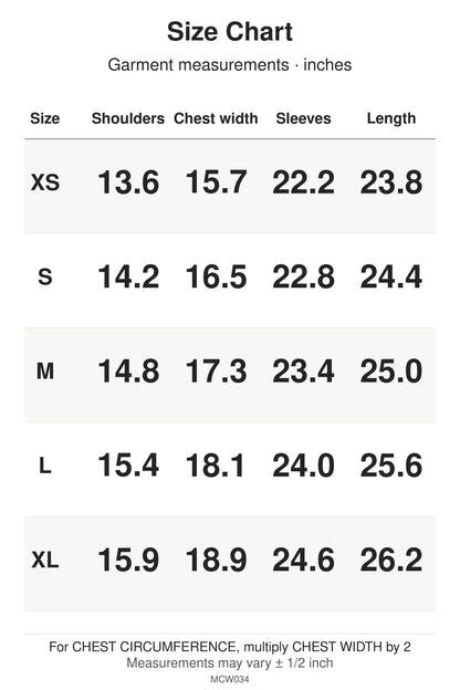 MCW034 size chart: garment measurements for XS, S, M, L, XL, in inches.
