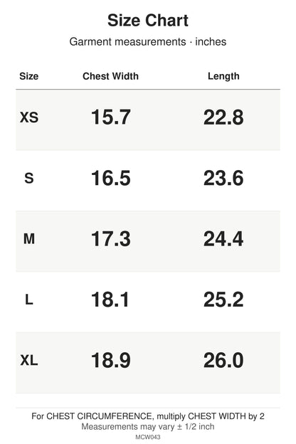 MCW043 size chart: garment measurements for XS, S, M, L, XL, in inches.