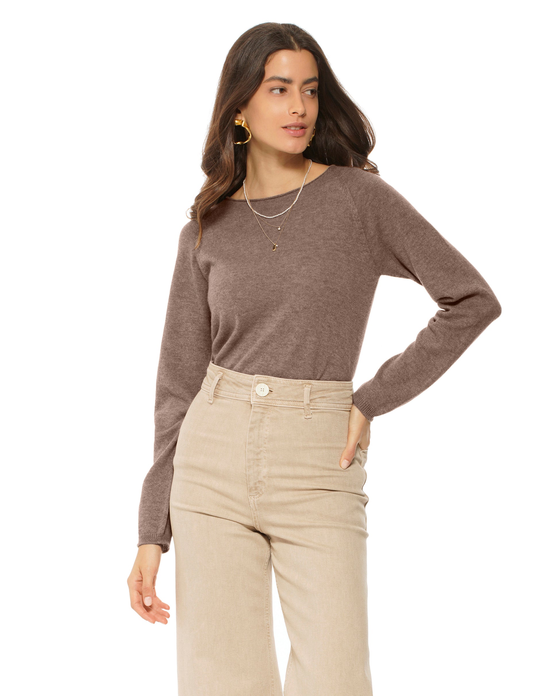 Monticelli Women's Ultralight Cashmere Raglan Crew Neck Sweater Brown Made In Italy 0