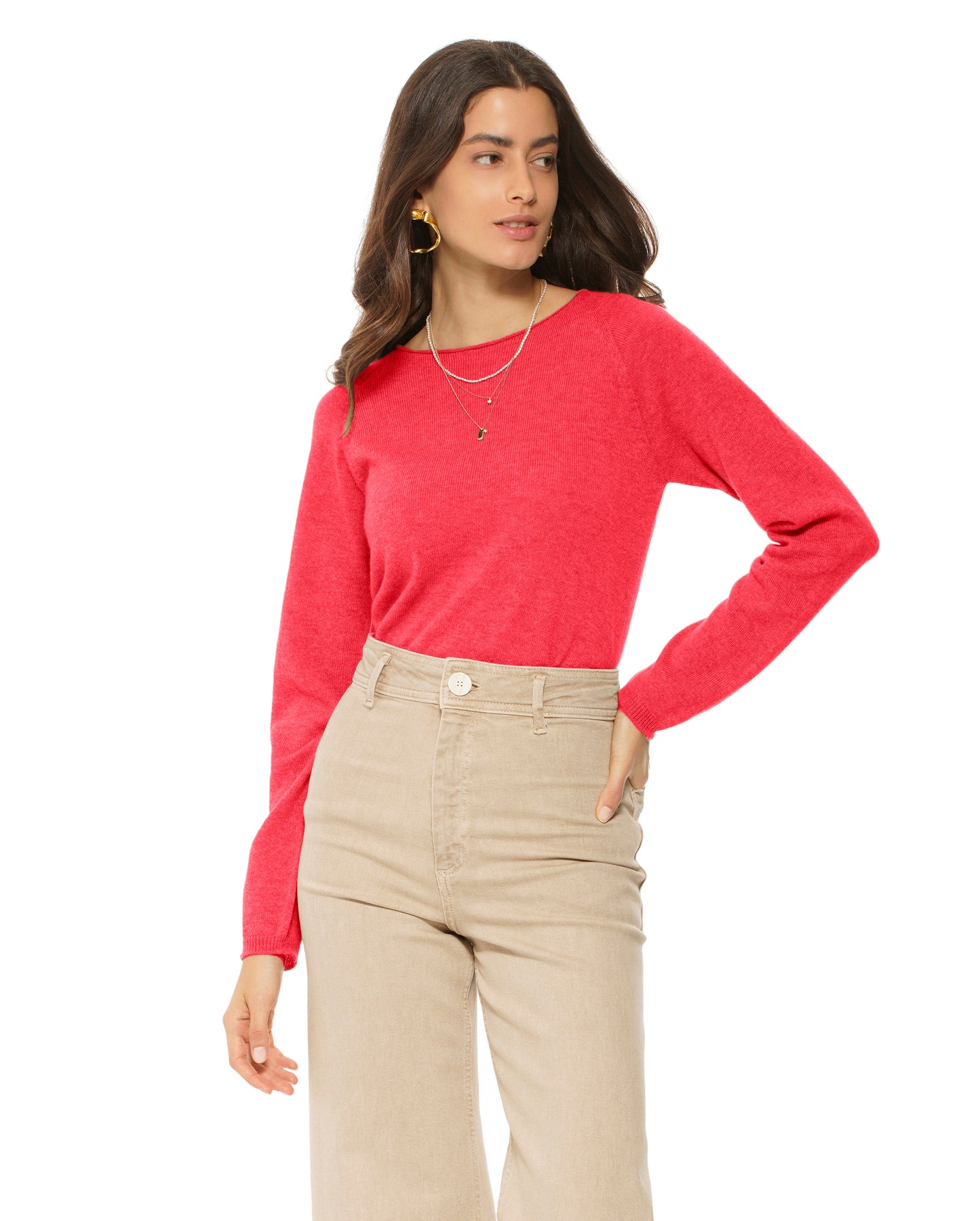 Women's Ultralight Cashmere Raglan Crew Neck Sweater Coral Red