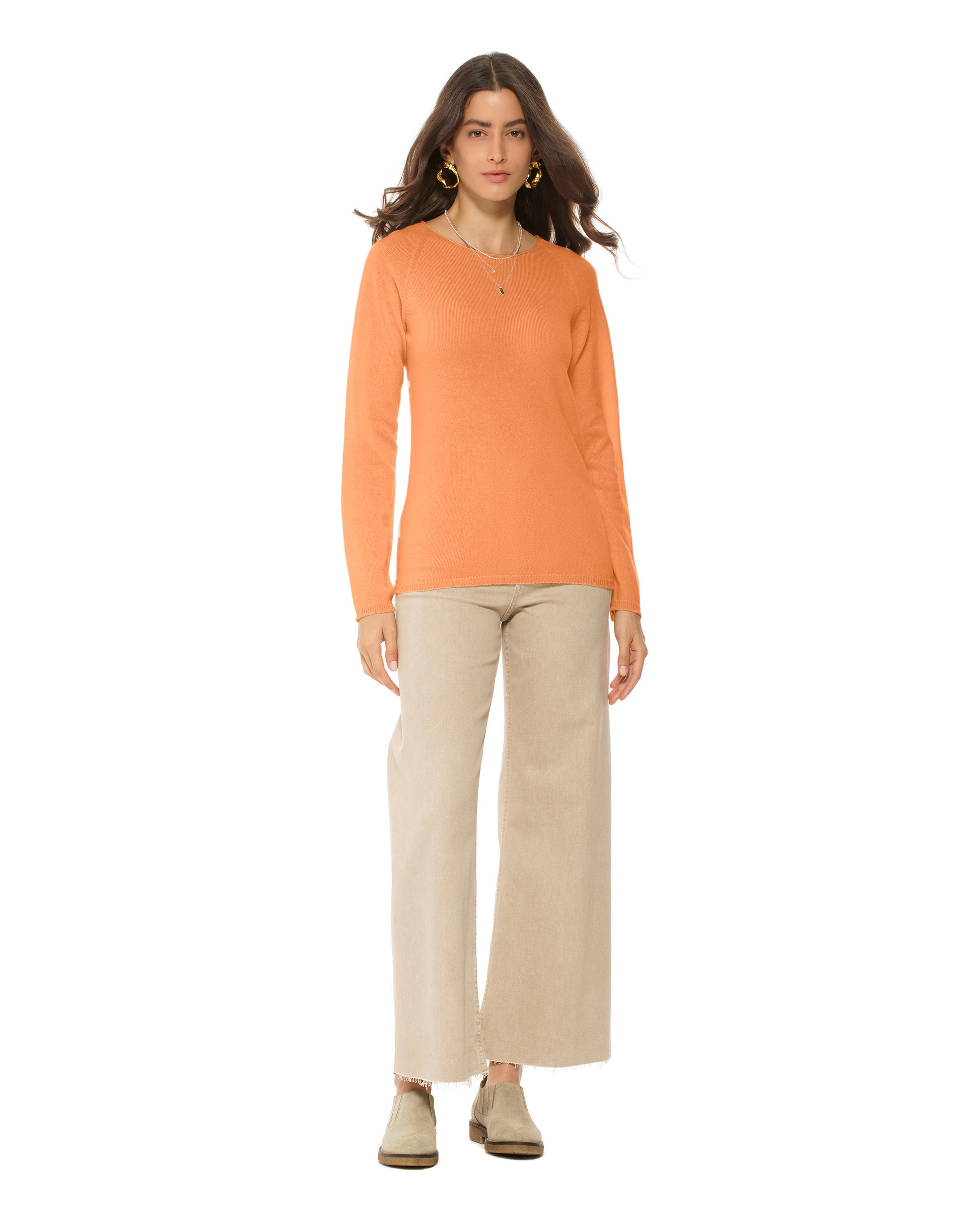 Monticelli Women's Ultralight Cashmere Raglan Crew Neck Sweater Orange Made In Italy 2