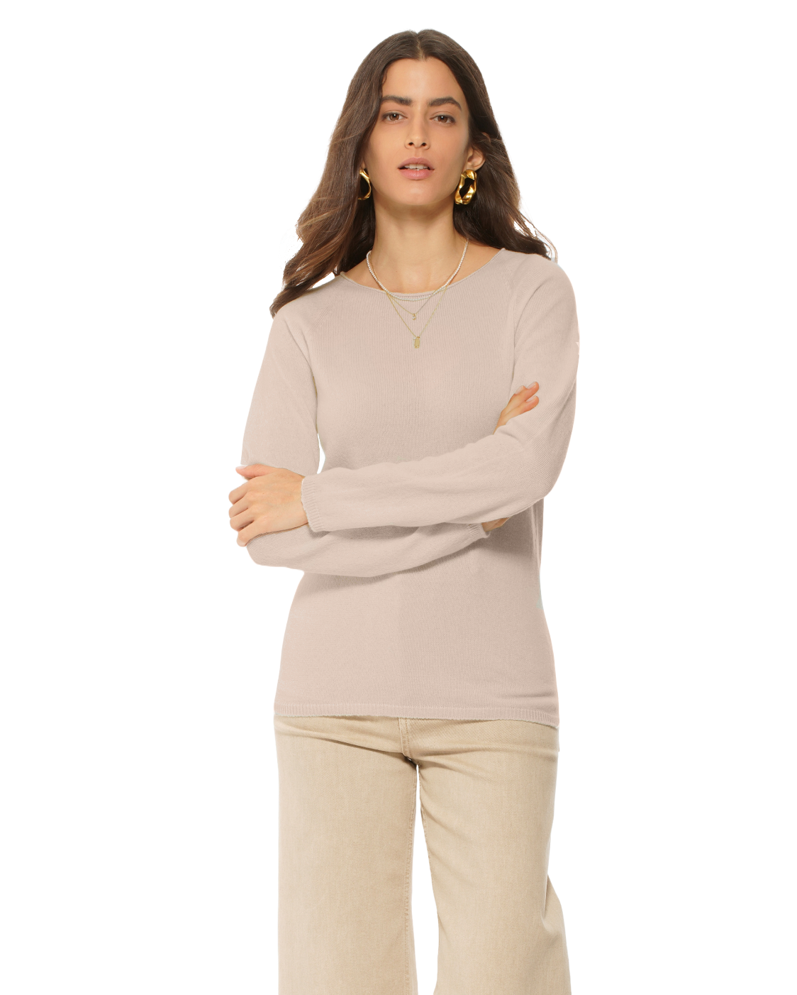 Monticelli Women's Ultralight Cashmere Raglan Crew Neck Sweater Beige Made In Italy 1