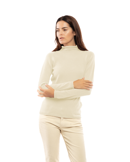 Women's ultralight cashmere raglan turtleneck in Milk White, front view on a model