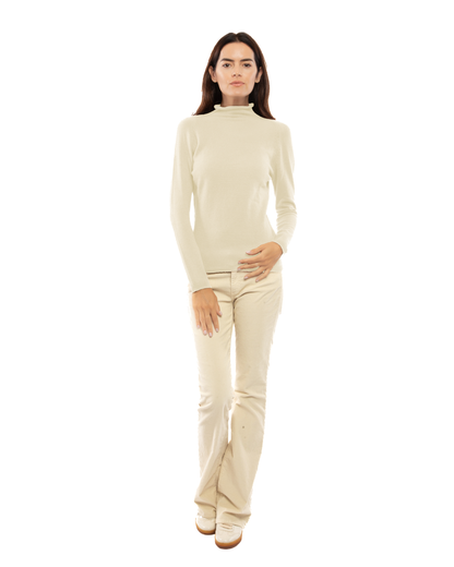 Women's ultralight cashmere raglan turtleneck in Milk White, full-length outfit view on a model