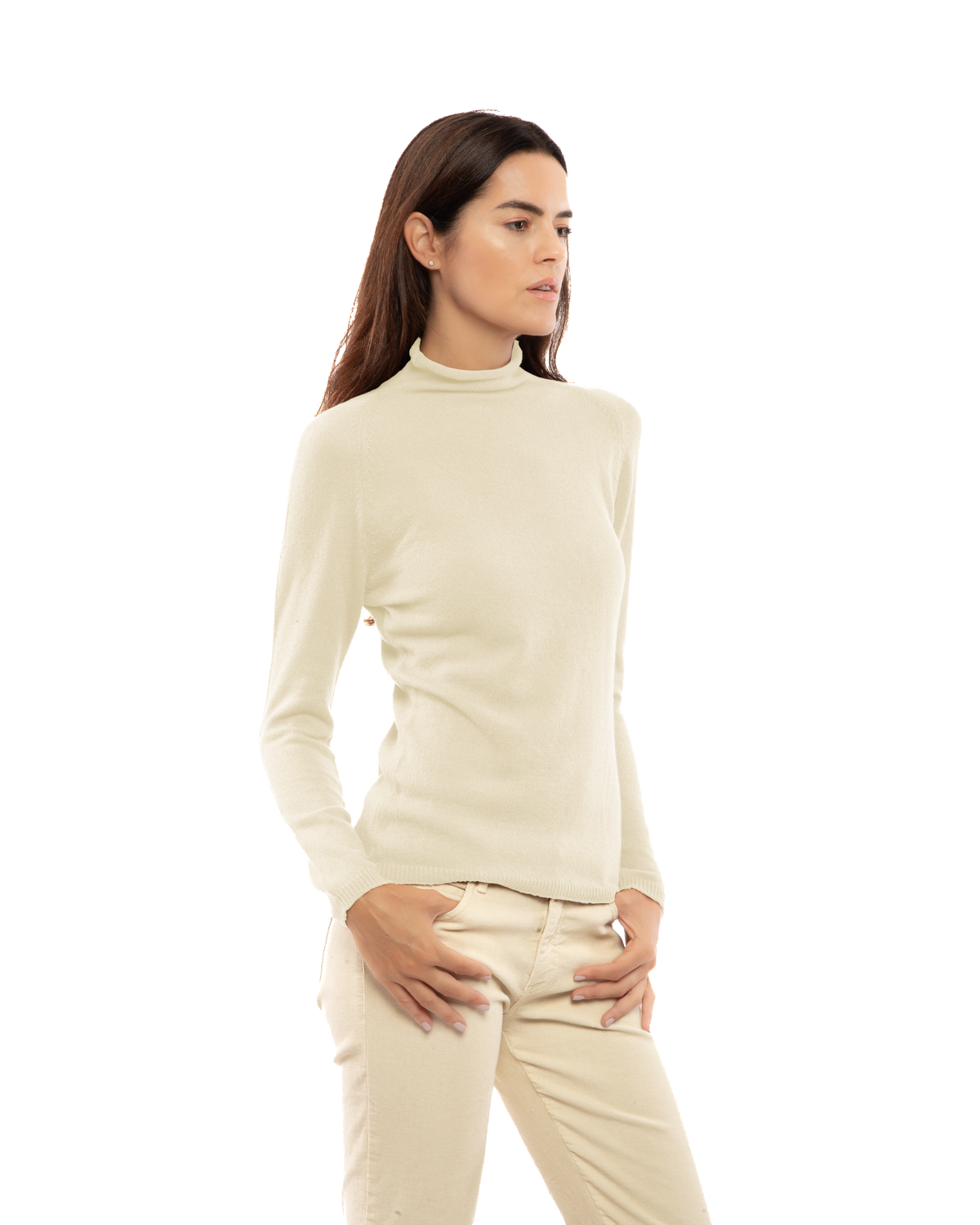 Women's ultralight cashmere raglan turtleneck in Milk White, three-quarter view on a model