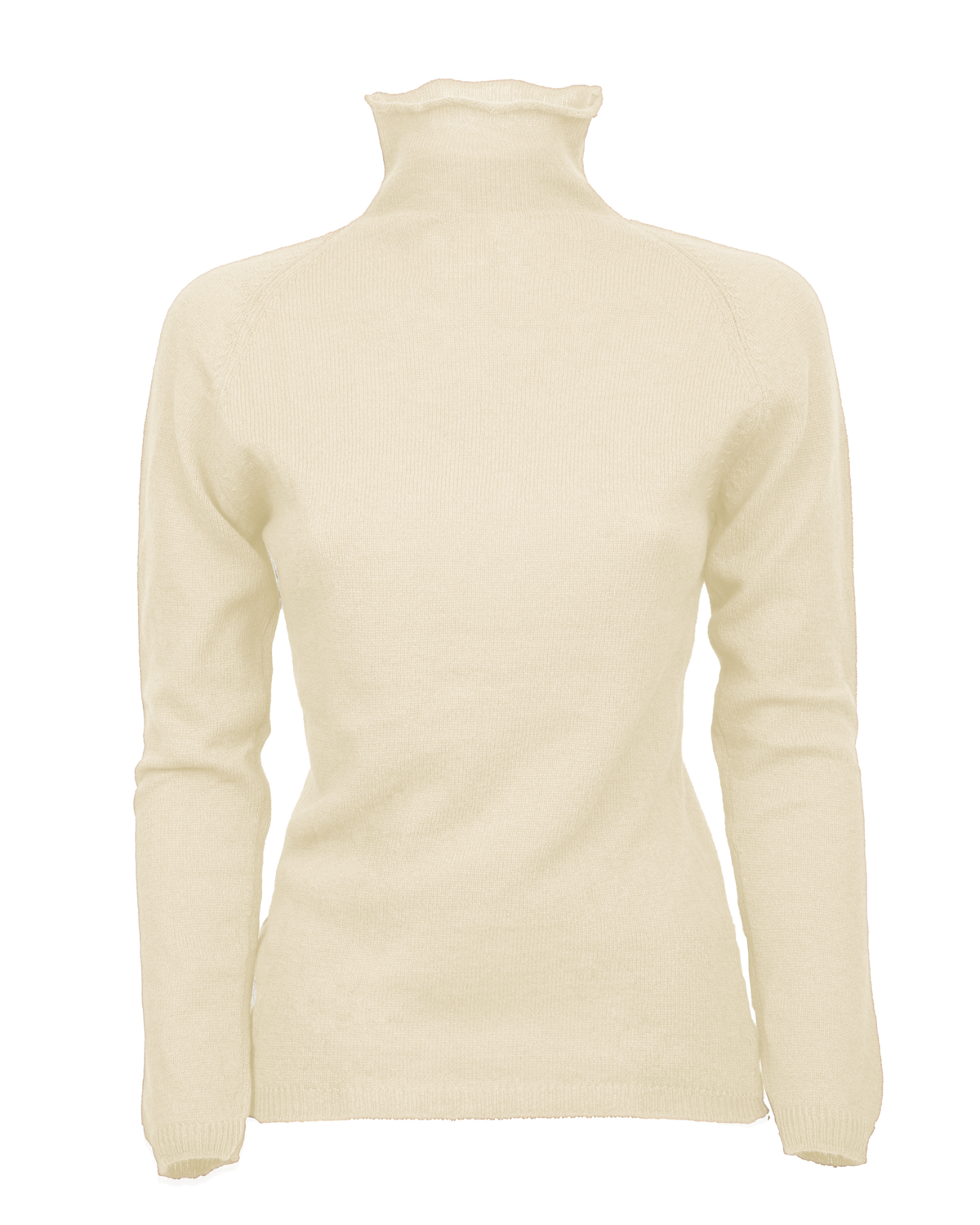 Women's ultralight cashmere raglan turtleneck in Milk White, front product view