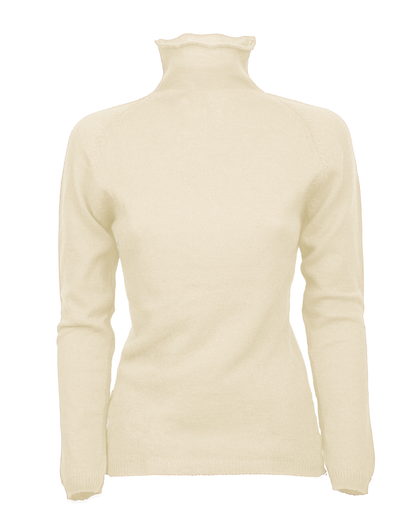 Women's ultralight cashmere raglan turtleneck in Milk White, front product view