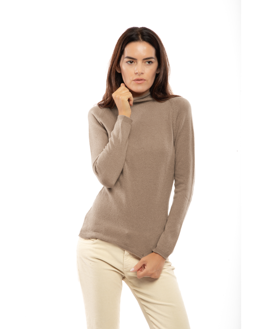 Women's ultralight cashmere raglan turtleneck in Taupe, front view on a model