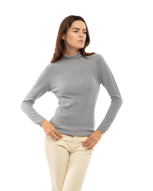 Women's ultralight cashmere raglan turtleneck in Medium Gray, front view on a model