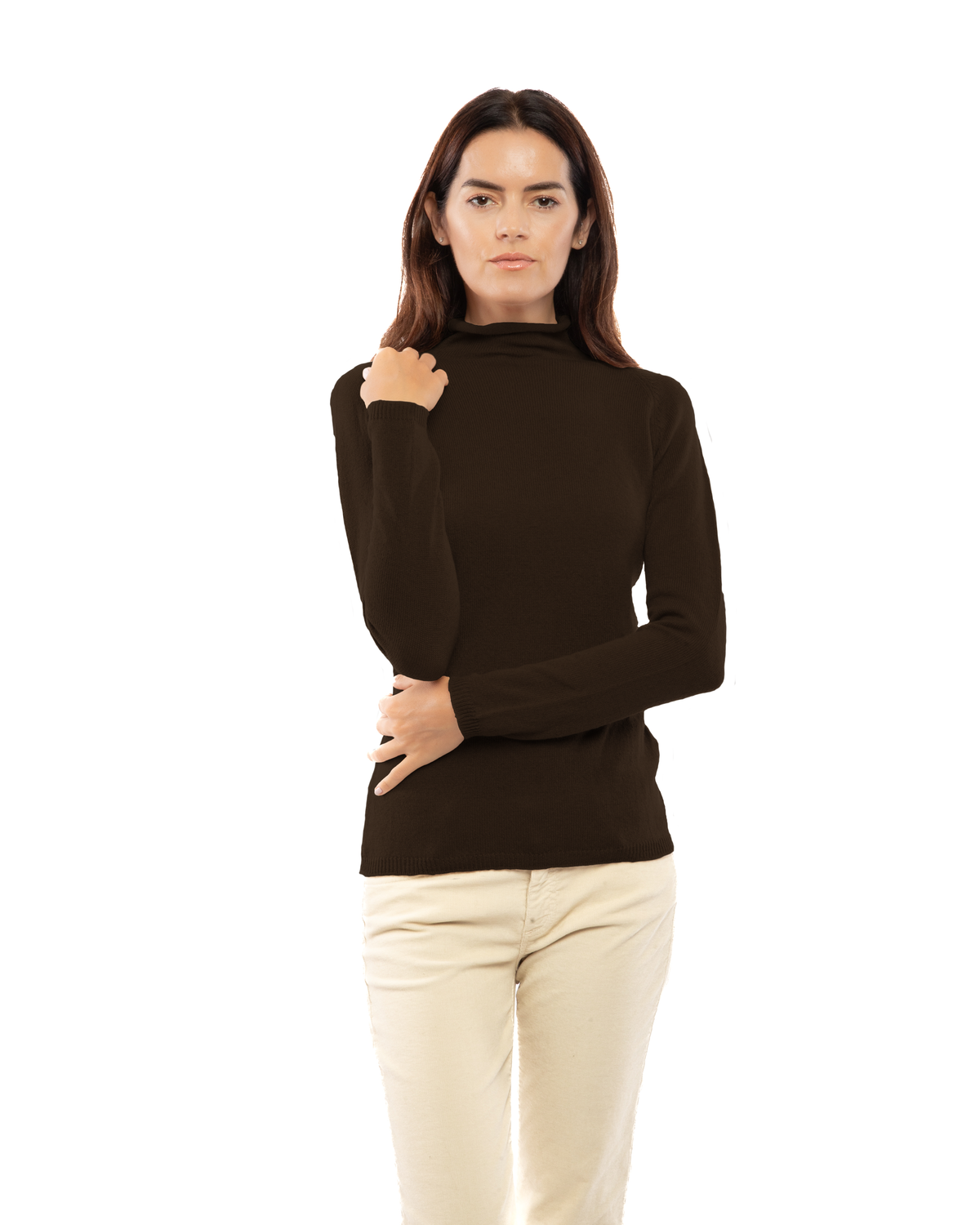 Women's ultralight cashmere raglan turtleneck in Coffee, front view on a model