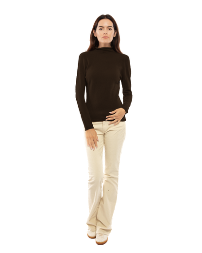 Women's ultralight cashmere raglan turtleneck in Coffee, full-length outfit view on a model