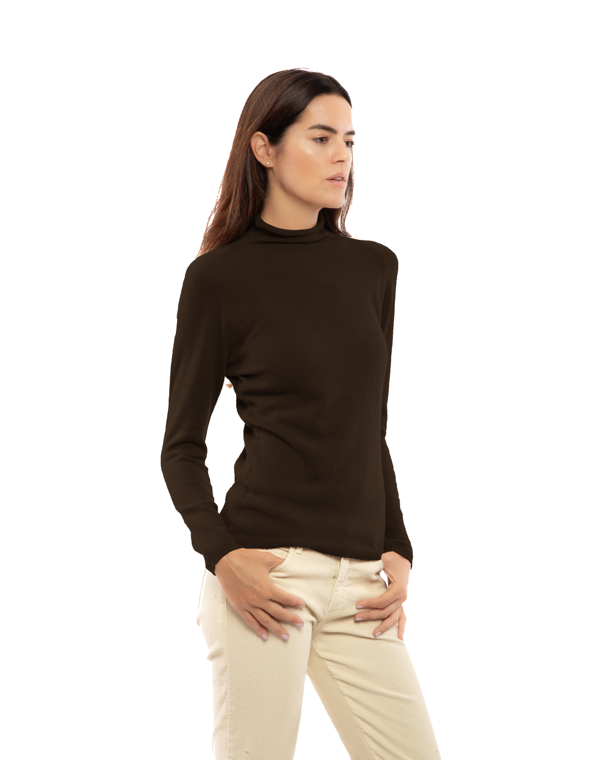 Women's ultralight cashmere raglan turtleneck in Coffee, three-quarter view on a model