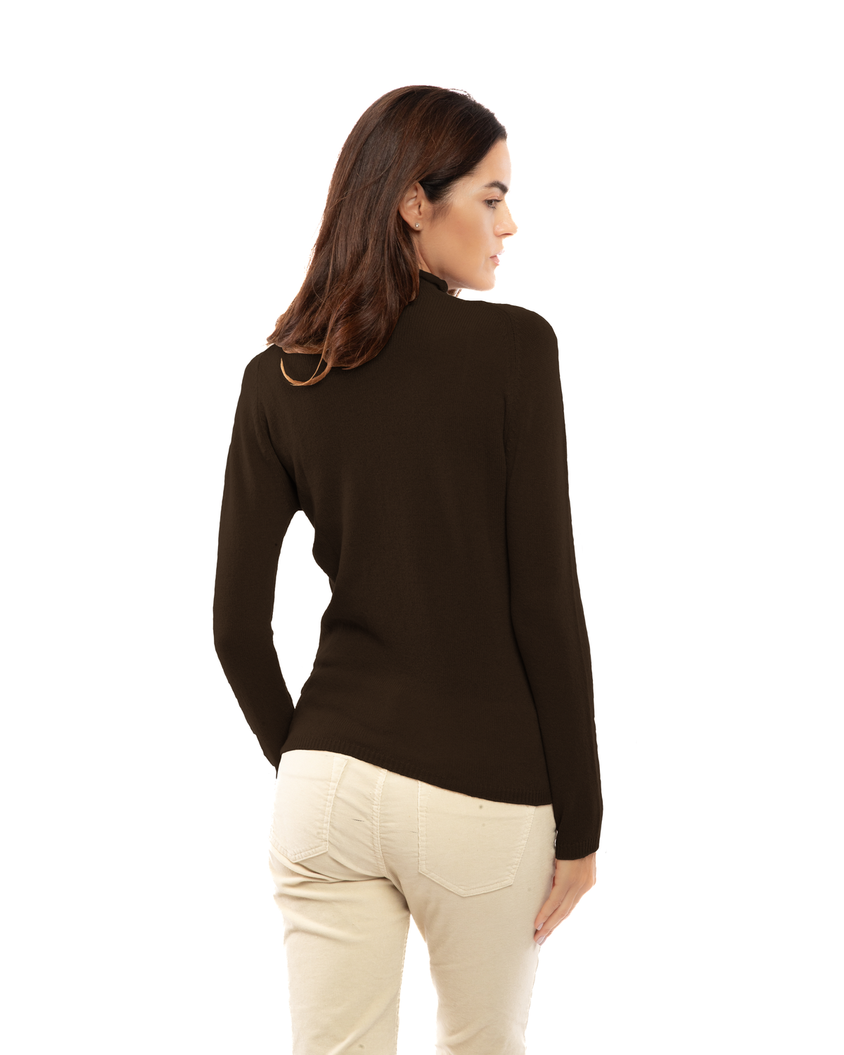 Women's ultralight cashmere raglan turtleneck in Coffee, back view on a model