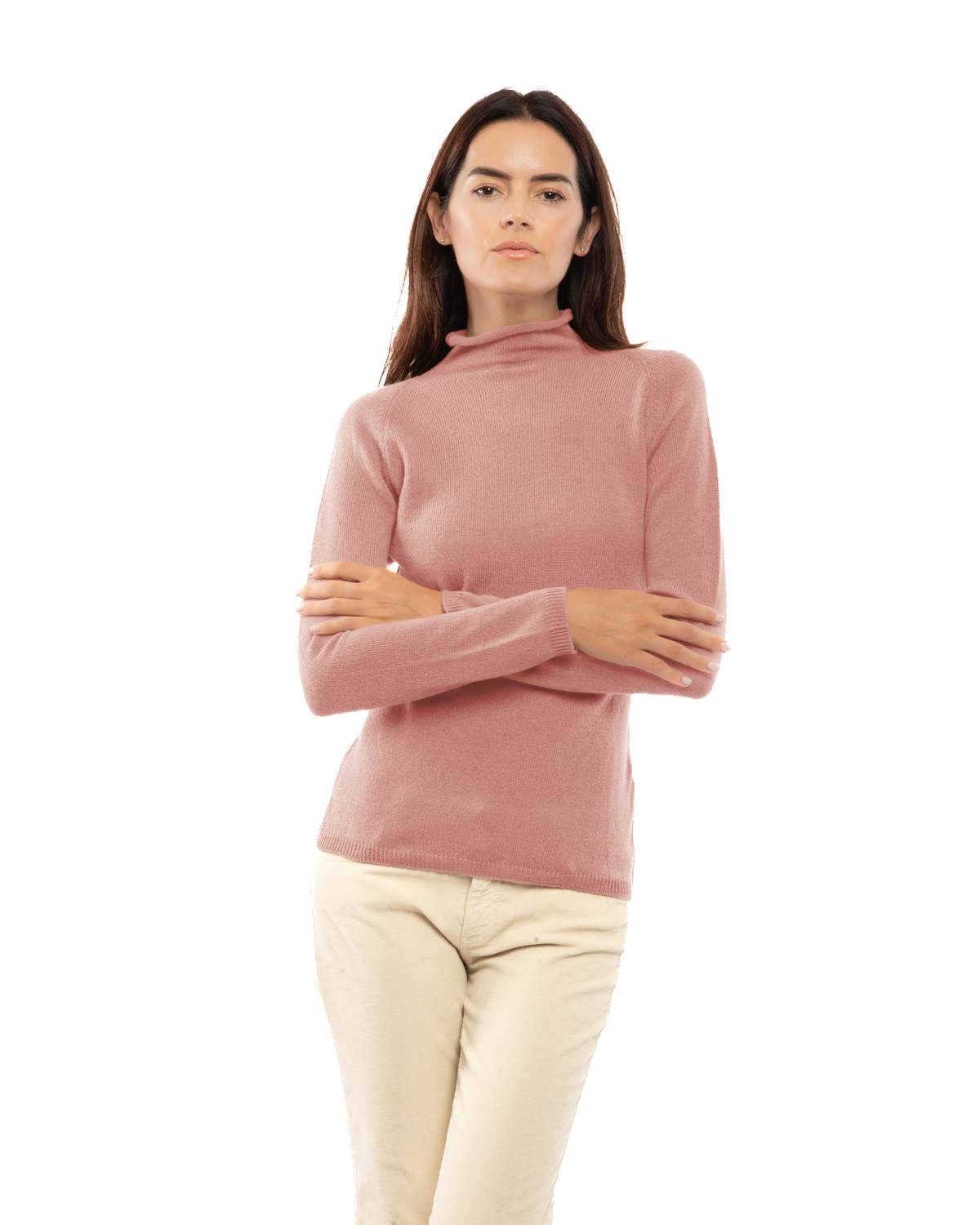 Women's ultralight cashmere raglan turtleneck in Old Rose, front view on a model