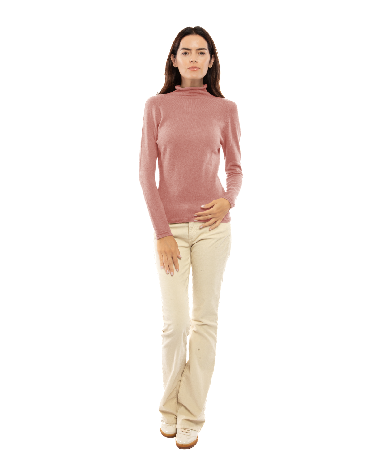 Women's ultralight cashmere raglan turtleneck in Old Rose, full-length outfit view on a model