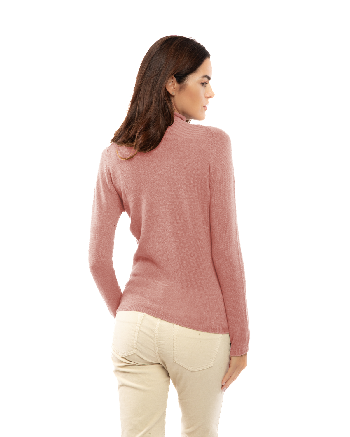 Women's ultralight cashmere raglan turtleneck in Old Rose, back view on a model