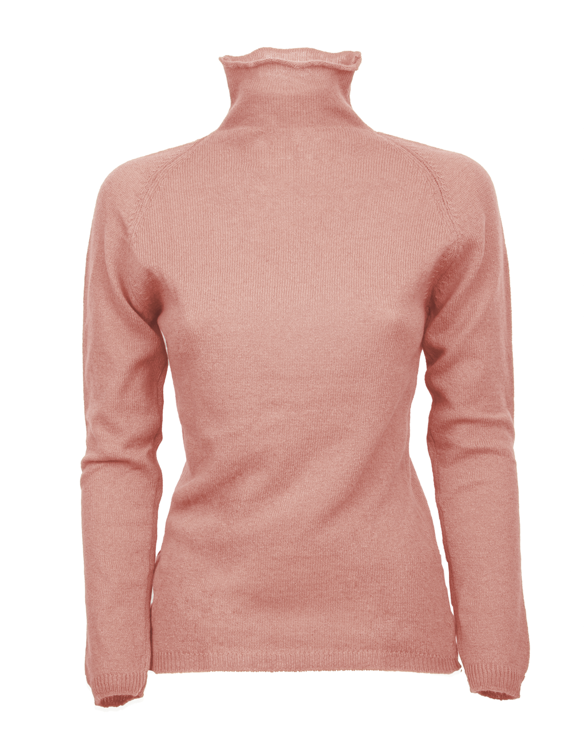 Women's ultralight cashmere raglan turtleneck in Old Rose, front product view