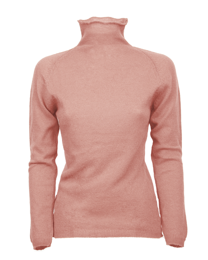 Women's ultralight cashmere raglan turtleneck in Old Rose, front product view
