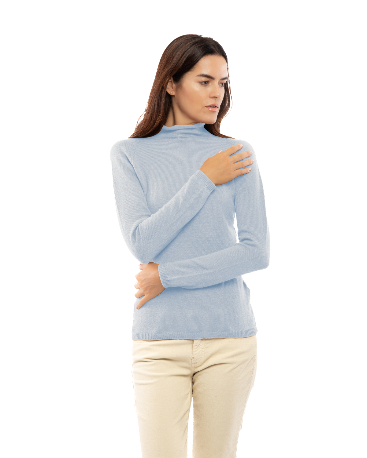 Women's ultralight cashmere raglan turtleneck in Baby Blue, front view on a model