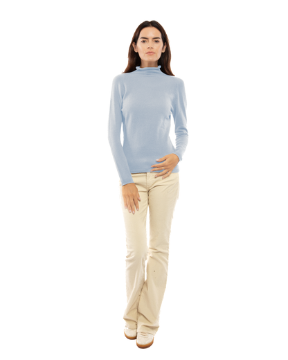 Women's ultralight cashmere raglan turtleneck in Baby Blue, full-length outfit view on a model