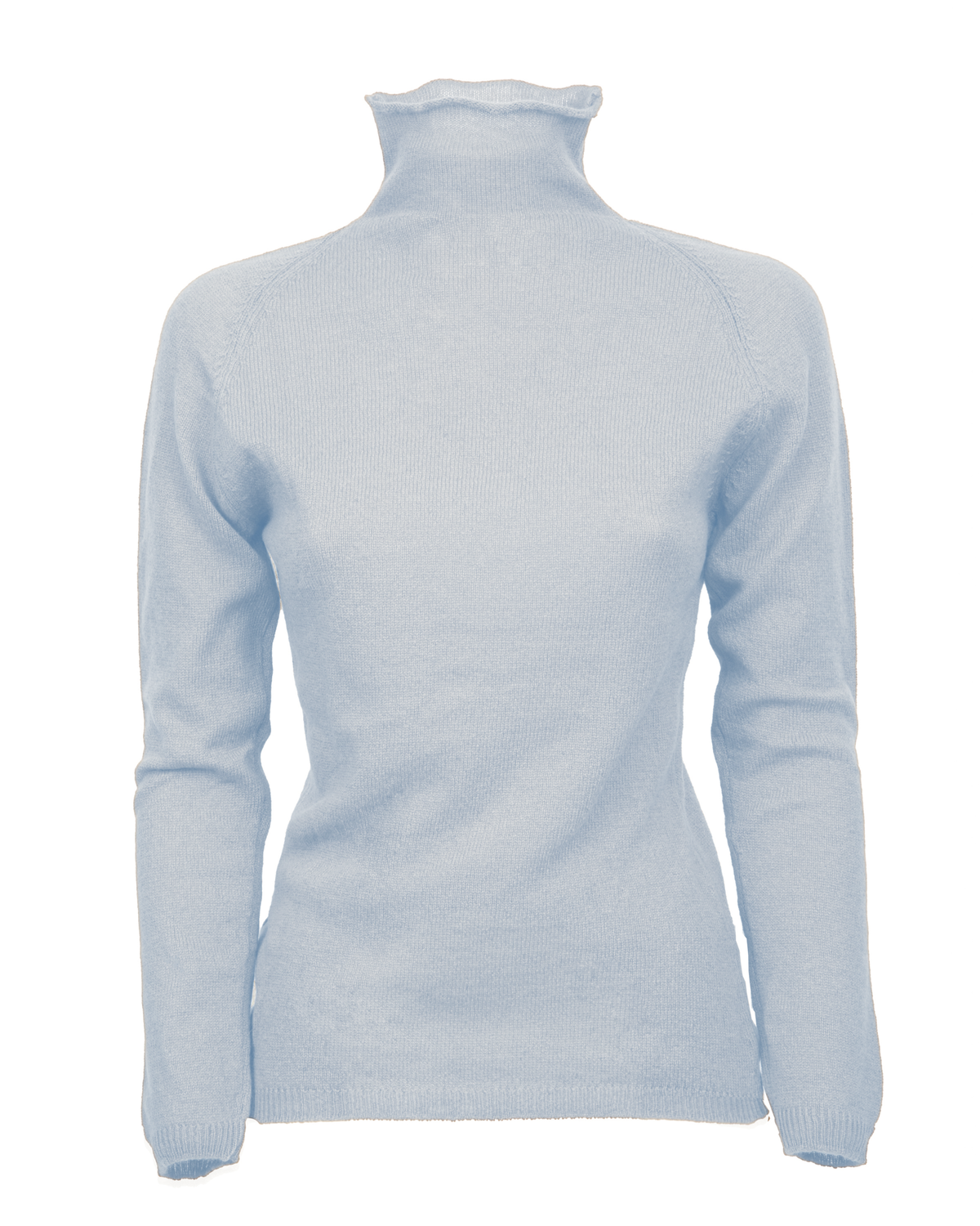Women's ultralight cashmere raglan turtleneck in Baby Blue, front product view