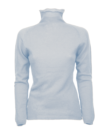 Women's ultralight cashmere raglan turtleneck in Baby Blue, front product view