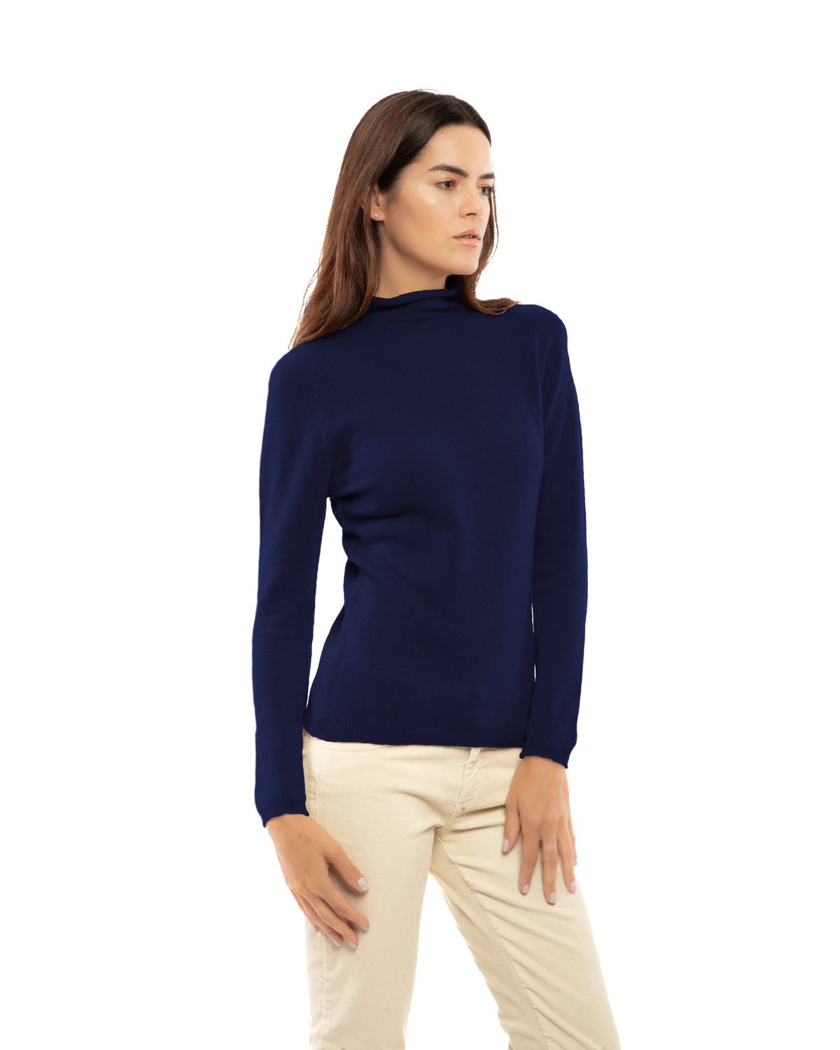 Women's ultralight cashmere raglan turtleneck in Blue, front view on a model