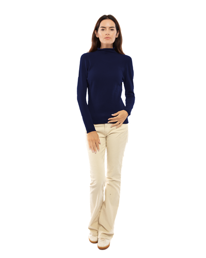 Women's ultralight cashmere raglan turtleneck in Blue, full-length outfit view on a model