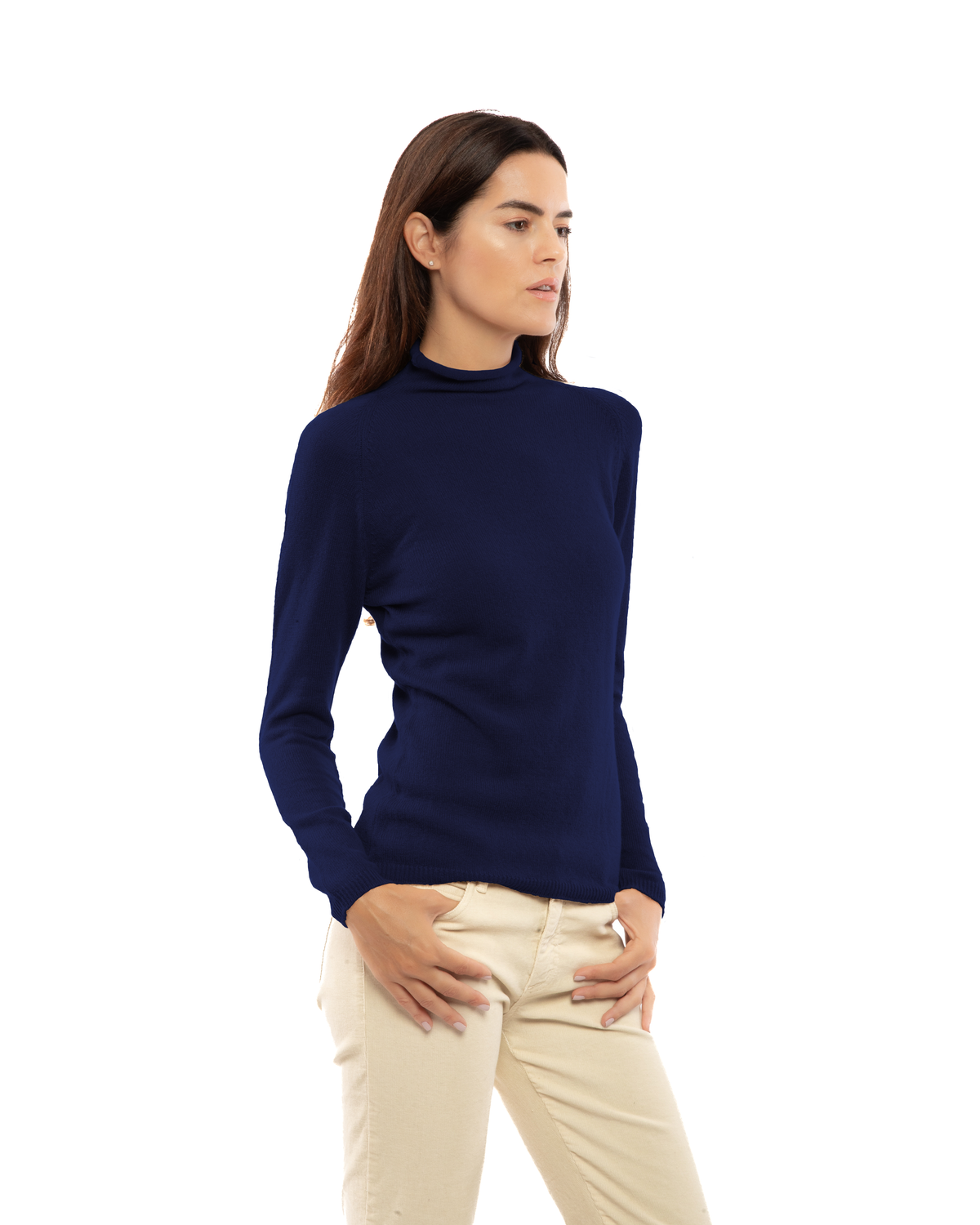 Women's ultralight cashmere raglan turtleneck in Blue, three-quarter view on a model