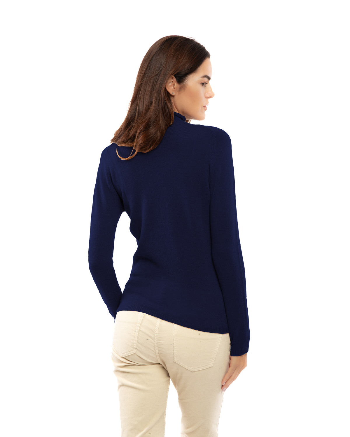 Women's ultralight cashmere raglan turtleneck in Blue, back view on a model