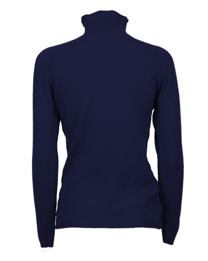 Women's ultralight cashmere raglan turtleneck in Blue, back product view