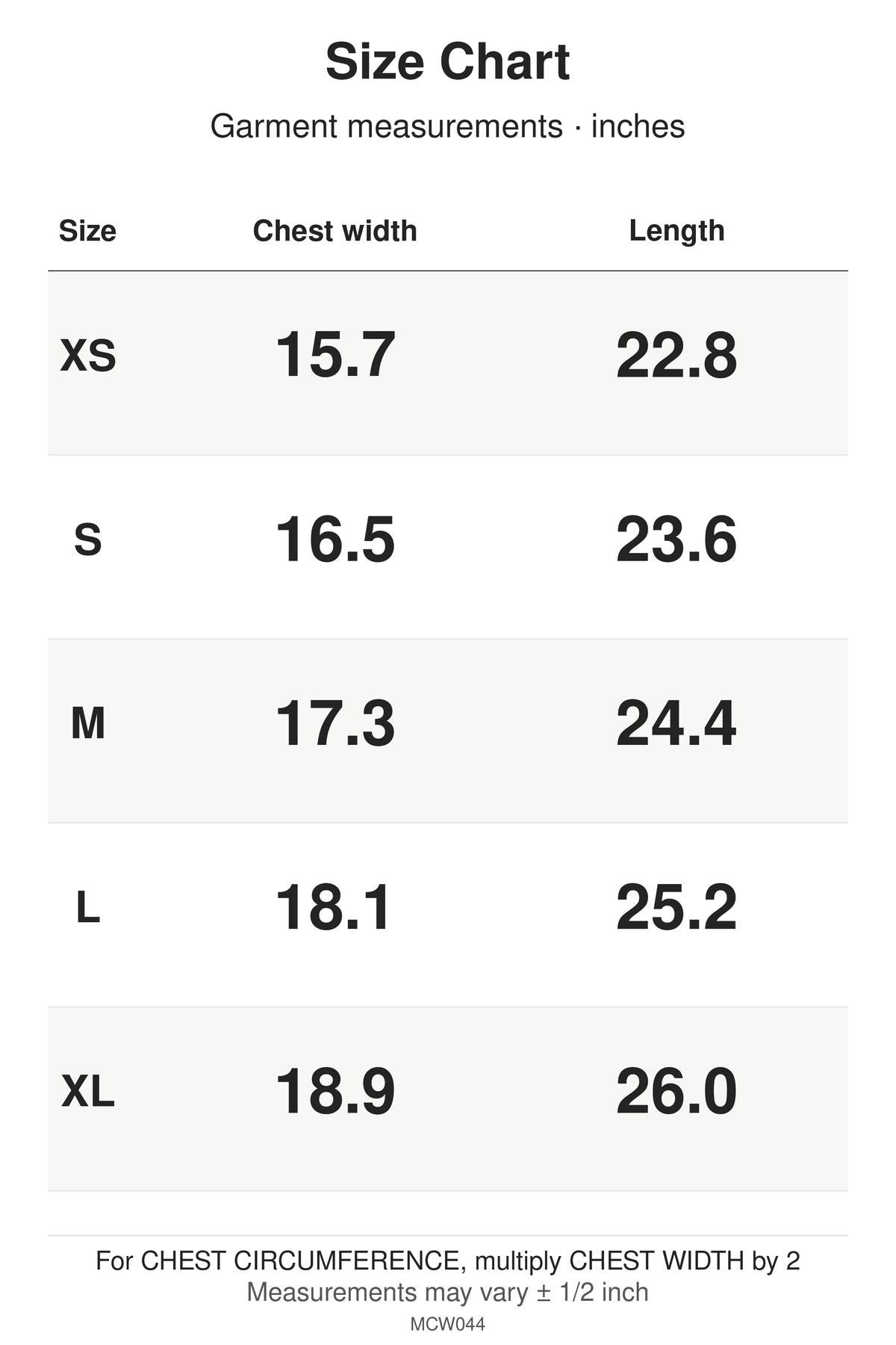 MCW044 size chart: garment measurements for XS, S, M, L, XL, in inches.