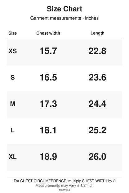 MCW044 size chart: garment measurements for XS, S, M, L, XL, in inches.