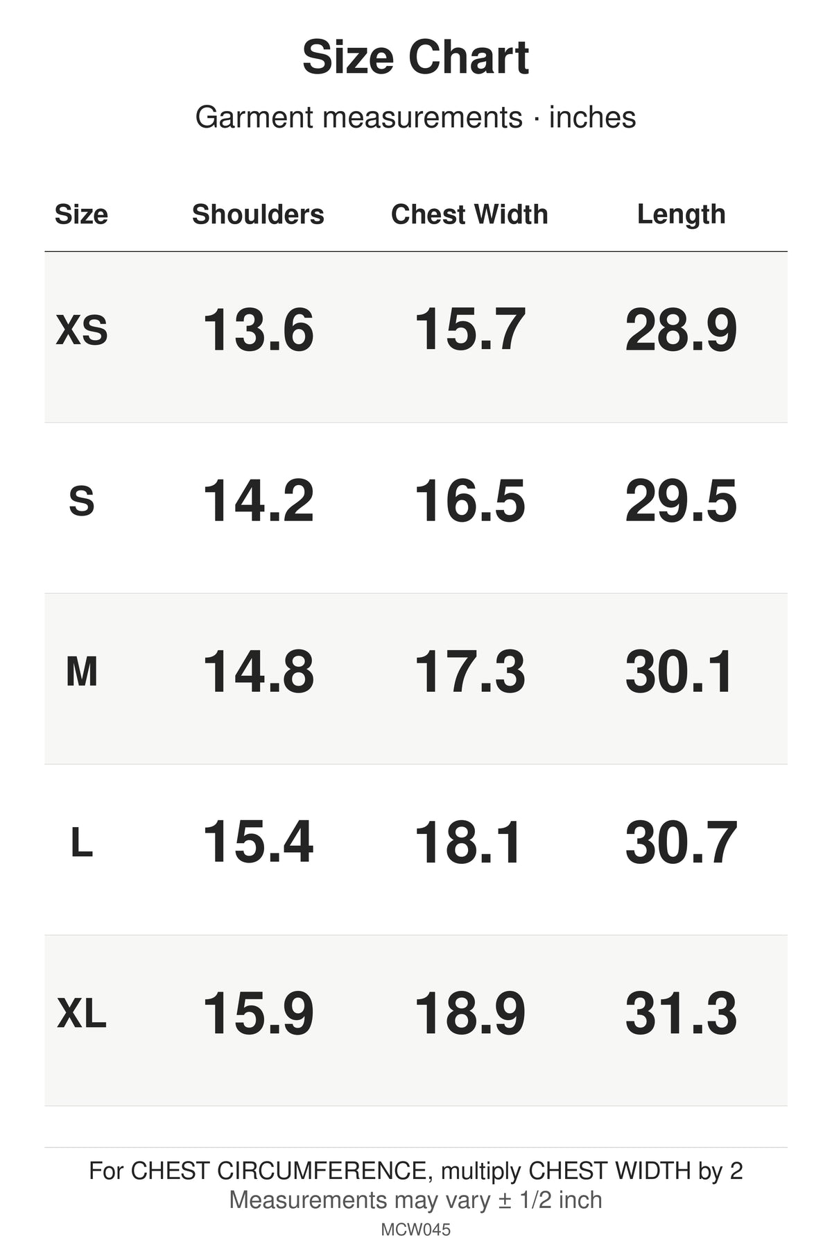 MCW045 size chart: garment measurements for XS, S, M, L, XL, in inches.