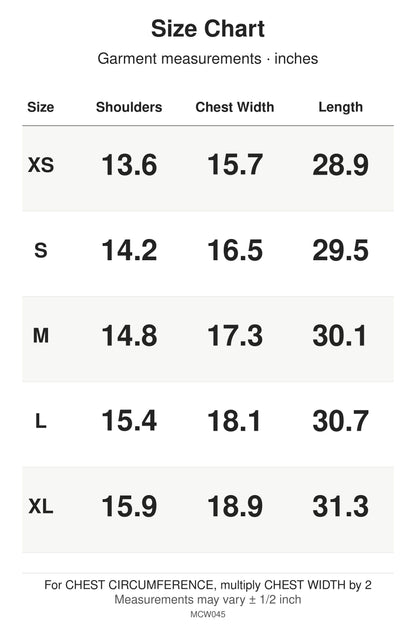 MCW045 size chart: garment measurements for XS, S, M, L, XL, in inches.