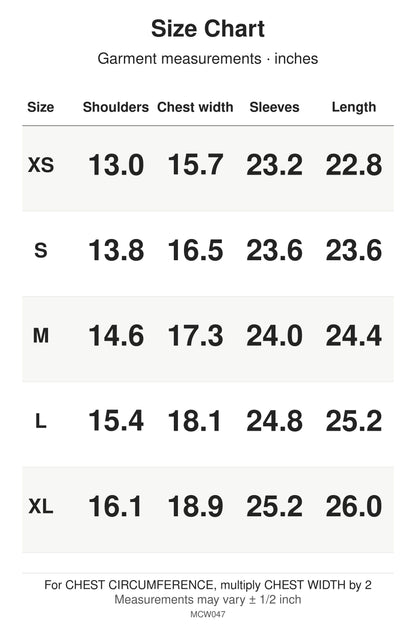 MCW047 size chart: garment measurements for XS, S, M, L, XL, in inches.